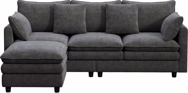 Divano angolare a L 3 posti con chaiselongue regolabile, rivestimento in tessuto chenille grigio, 212×150×90 cm, con 4 cuscini decorativi e 3 schienali