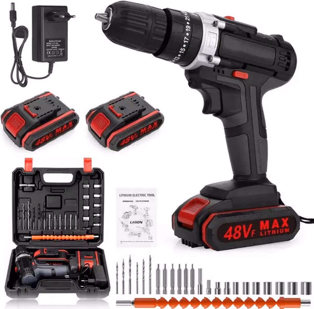 Avvitatore a batteria da 48 V – Trapano avvitatore a percussione con 2 batterie da 6500 mAh, 45 Nm, set di trapani professionale
