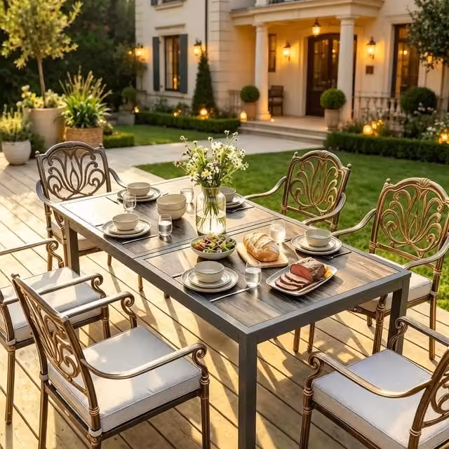 Tavolo da giardino rettangolare REDOM in acciaio grigio con cuscini inclusi L: 140 cm, P: 80 cm, H: 72 cm