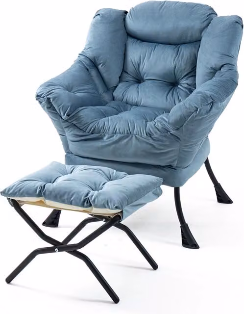 Poltrona relax ergonomica con poggiapiedi pieghevole, tasca laterale e poggiatesta imbottito in metallo azzurro chiaro