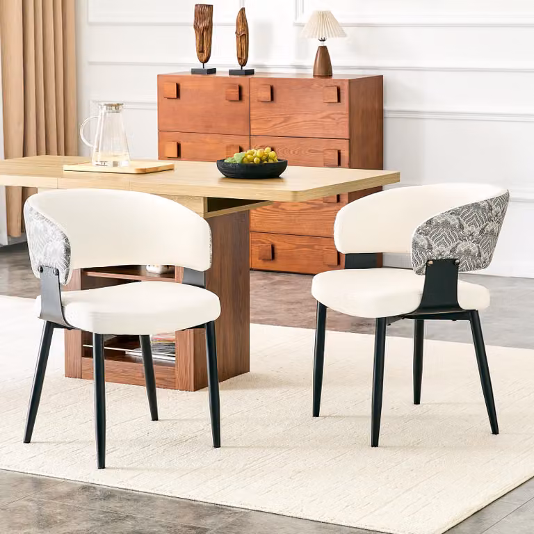 Set di 2 sedie da pranzo, stile Mid-Century, design retrò, con braccioli, rivestite in ecopelle, gambe in metallo (bianco e nero)