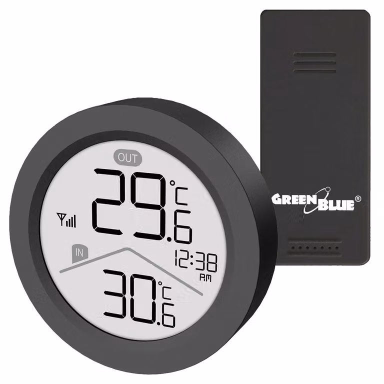 Stazione meteorologica GreenBlue Funk, per interni/esterni, con indicazione di temperatura, orologio e possibilità di visualizzare la temperatura in °C o °F. Portata fino a 60 metri. Colore: nero. Modello: GB162 B