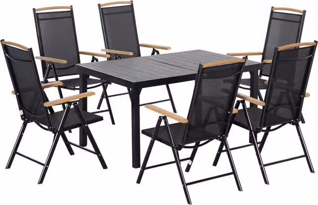 Set da giardino Outsunny per 6 persone con tavolo rettangolare da 140 cm e 6 sedie pieghevoli reclinabili in alluminio nero