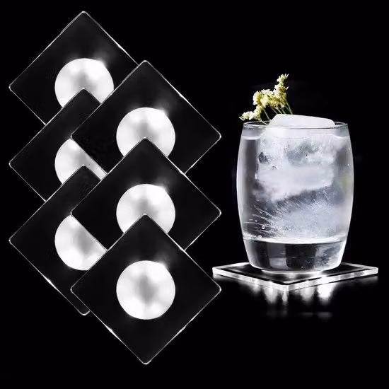 Set di 6 sottobicchieri quadrati a LED bianchi con interruttore on/off, impermeabili, per bicchieri e bottiglie
