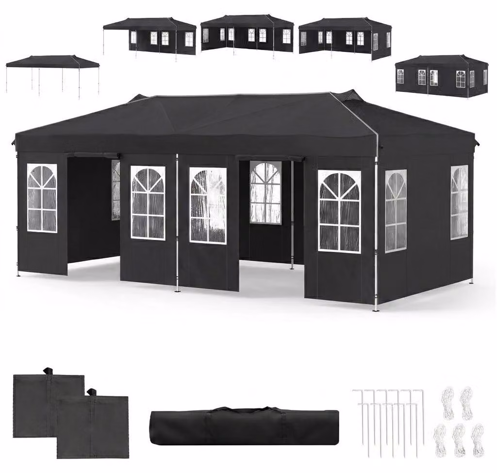 KOMFOTTEU, Padiglione pop-up, 3 x 6 metri, tenda da festa pieghevole con altezza regolabile, padiglione pieghevole con 6 pareti laterali e finestre, tenda da giardino con protezione solare, padiglione pieghevole con borsa per il trasporto e strisce riflet