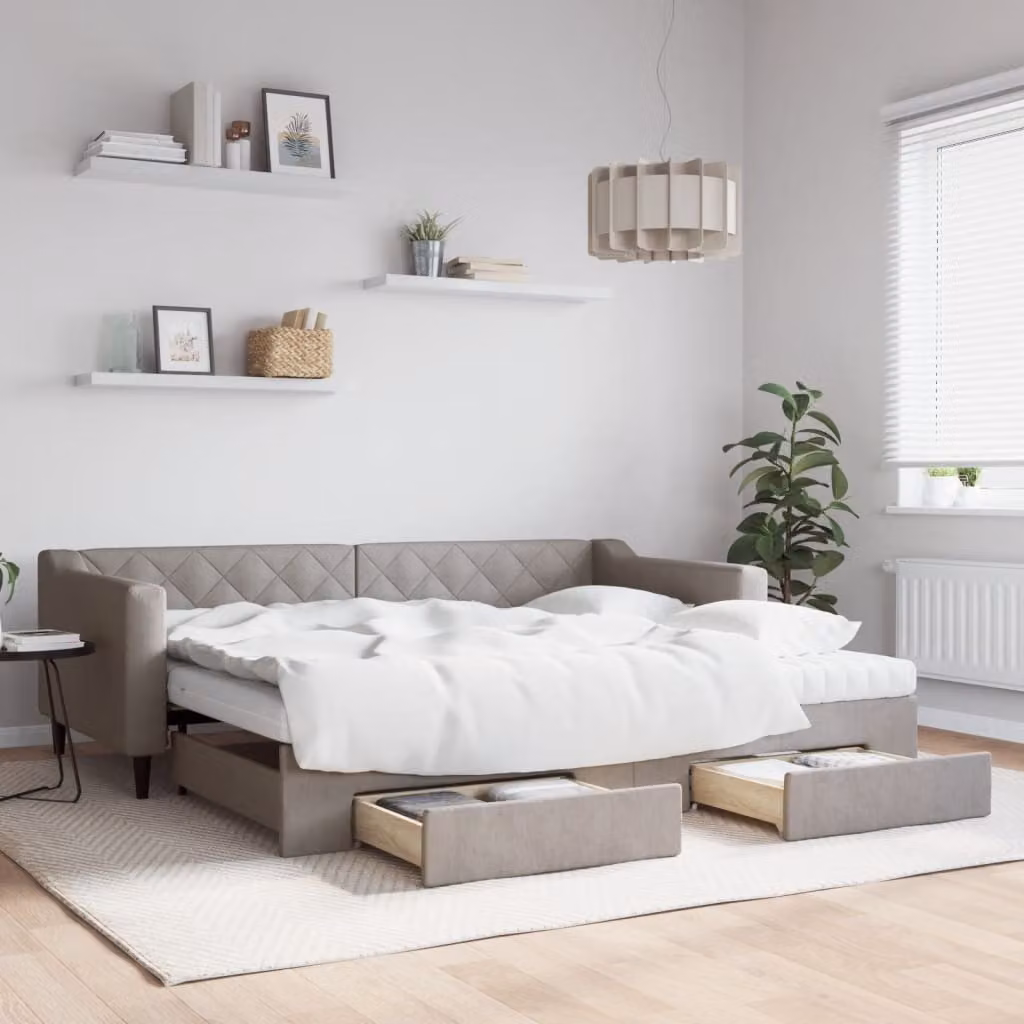 vidaXL Divano Letto Estraibile con Cassetti in Tessuto, Colore Beige o Grigio, L/P/H: 223 x 90 x 100 cm