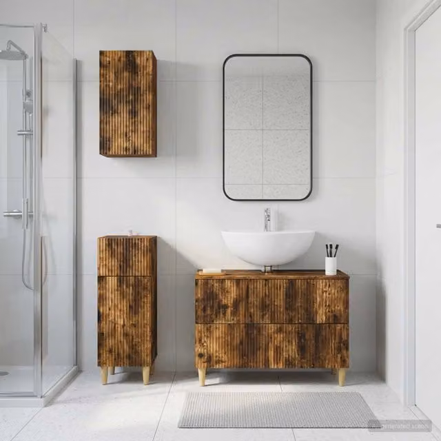 Set di mobili da bagno vidaXL in legno Rovere Fumo marrone con mobile lavabo e pensili a parete in stile minimalista