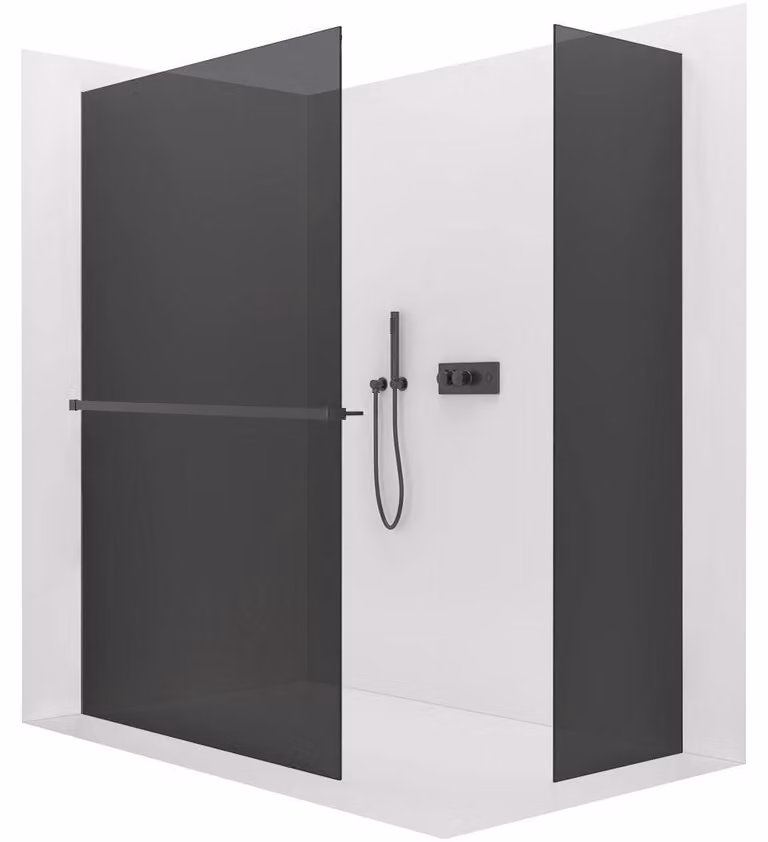 CERANO - Box doccia Walk-in Crystal T L/P - 8 mm - sistema senza montanti + ripiano/portasciugamani - nero opaco, vetro grafite - 140x140x200 cm
