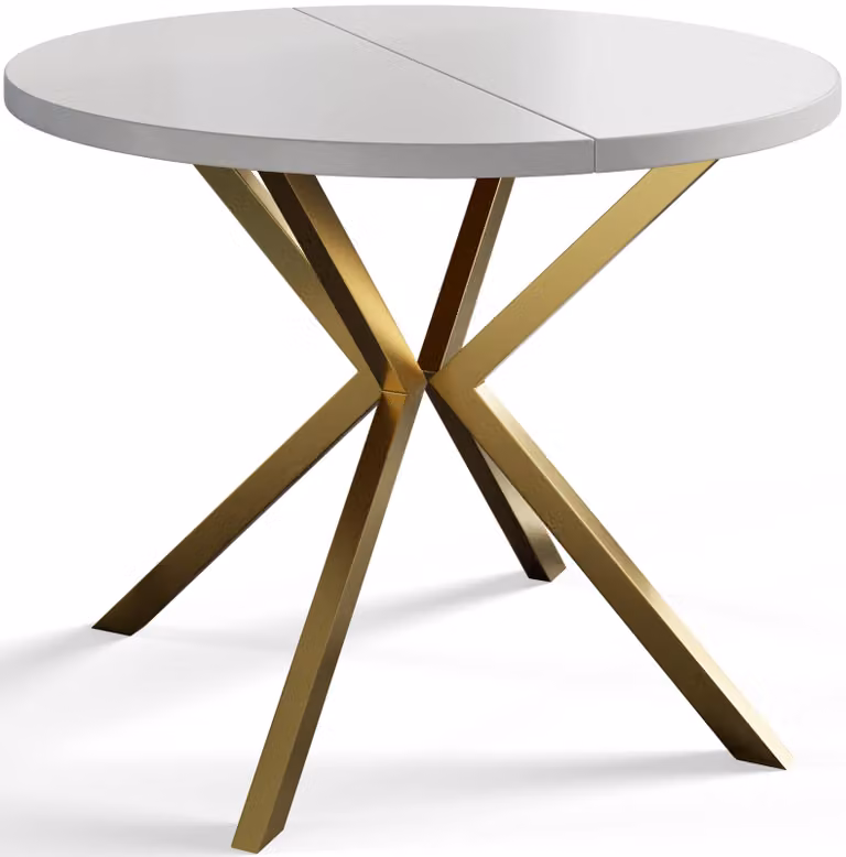 Alpi Moebel, Tavolo da Pranzo Rotondo, Tavolo da Cucina Allungabile, Diamentro: 100-180 cm, Gambe in Metallo Dorate, Bianco, Collezione Loft Liten
