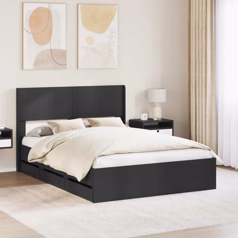 Struttura letto con contenitore e testata vidaXL in legno nero L: 126,5 cm, P: 193 cm, H: 100 cm