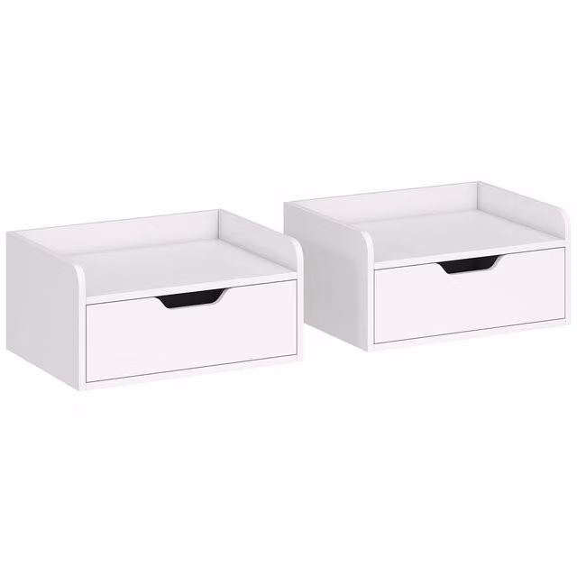 Set da 2 comodini sospesi HOMCOM con cassetto e piano effetto legno, colore bianco, L: 40 cm, P: 30 cm, H: 19,5 cm – 1