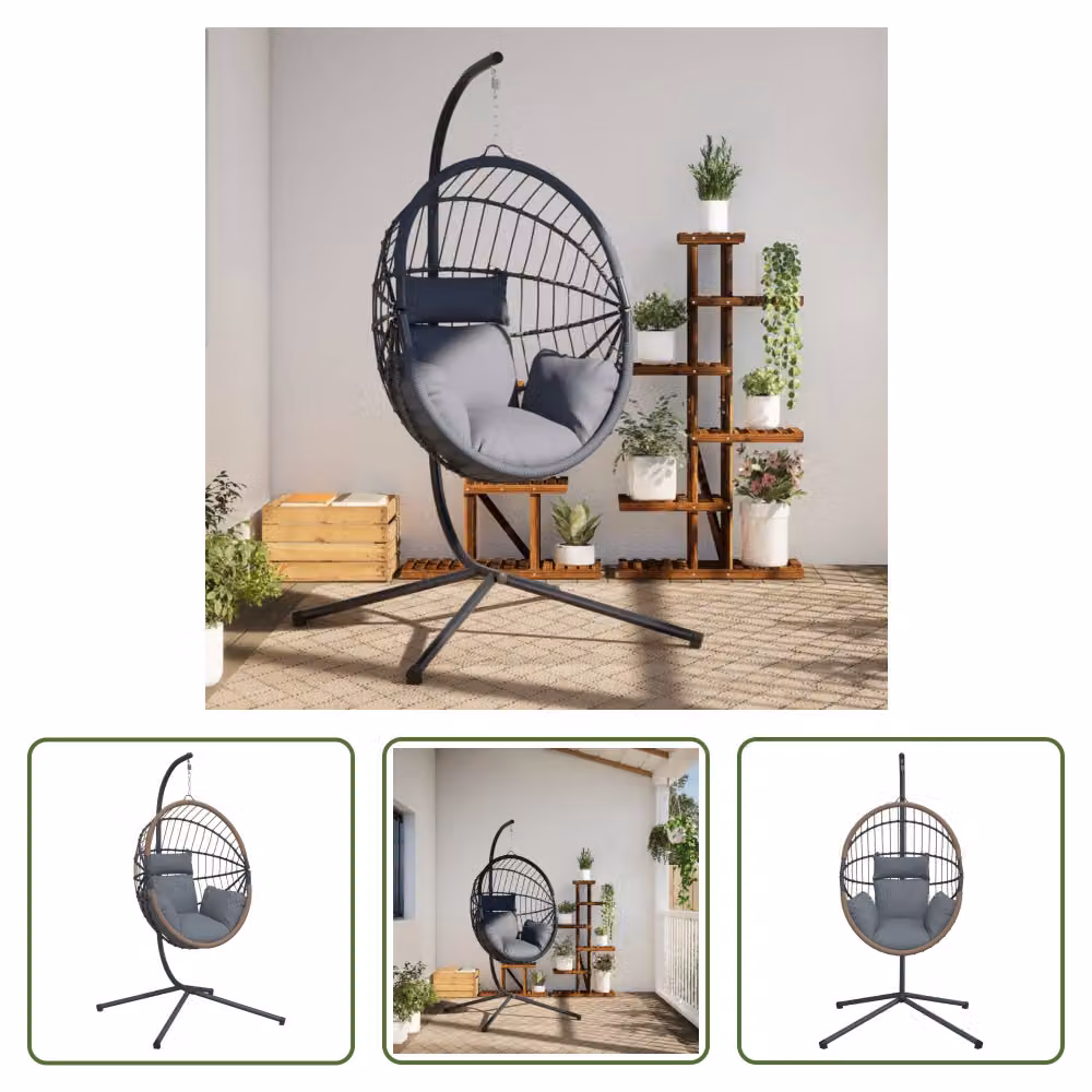 The Living Store Sedia sospesa Egg Design con supporto Rattan grigio chiaro e acciaio