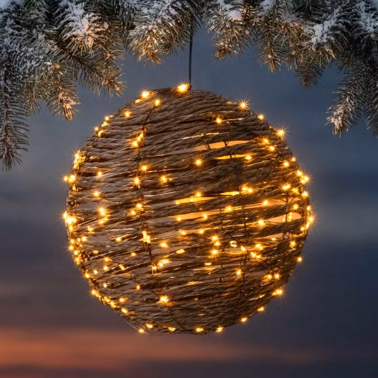 3.07 Sfera luminosa a LED rivestita in rattan - diametro circa 25 cm - Timer / 300 LED / effetto lampeggiante / Adatta per interni ed esterni