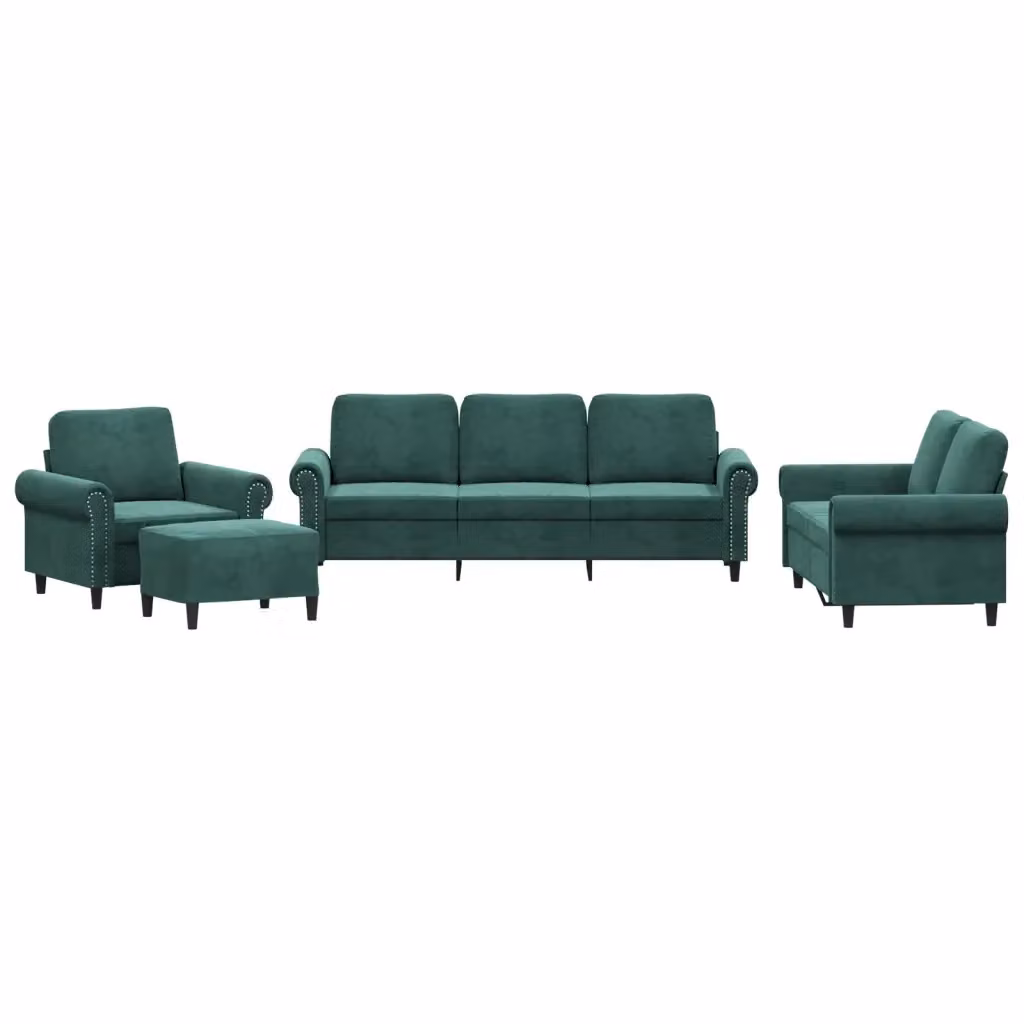 Set di divani moderno vidaXL in velluto verde composto da divano a 3 posti, divano a 2 posti, pouf e cuscini coordinati – 2