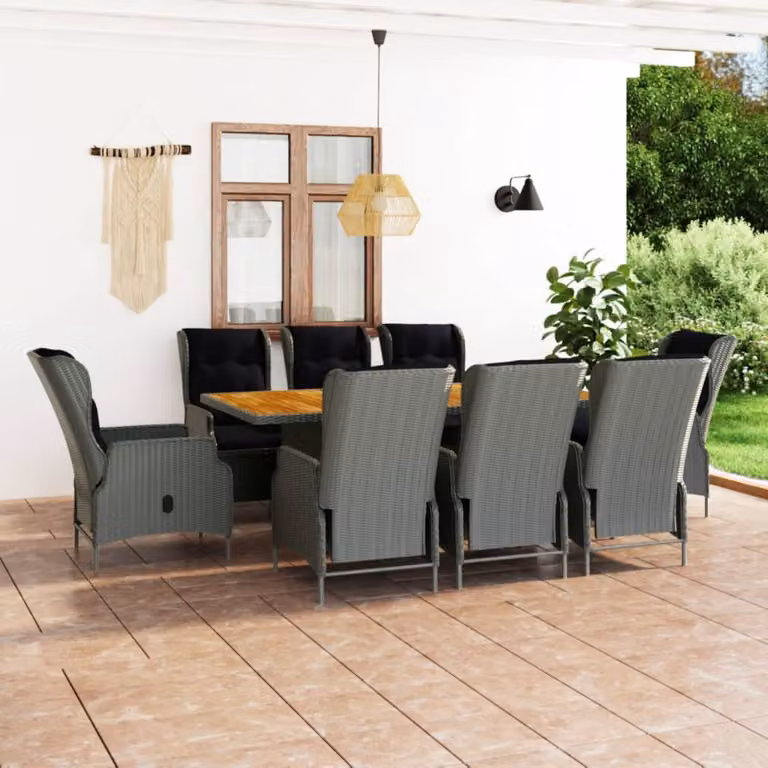 The Living Store Set da pranzo da giardino 9 pezzi con cuscini in poly rattan grigio chiaro