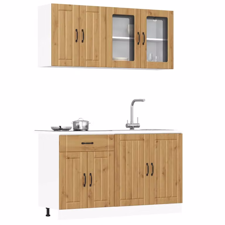 Set di mobili da cucina vidaXL Kalmar in rovere marrone con ante in vetro e ripiani interni, 4 pezzi