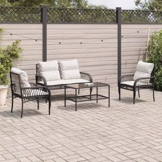 Set da Giardino Moderno vidaXL composto da Divano 2 Posti, 2 Poltrone e Tavolino con Cuscini Bianchi e Nero – 1