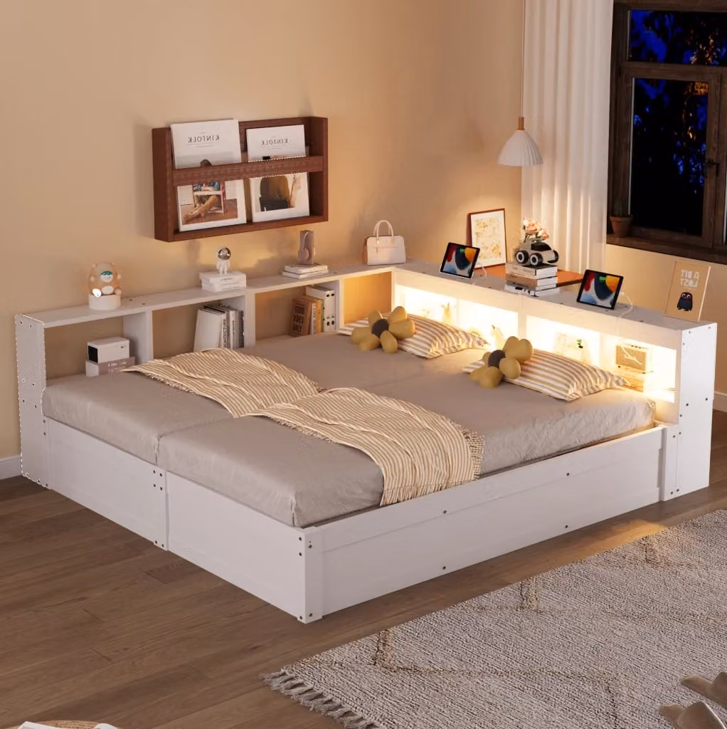 Letto multifunzione MODFU bianco con contenitore a sollevamento, luci LED sotto il letto, prese USB e mensola integrata L/P/H: 180 x 200 cm – 2