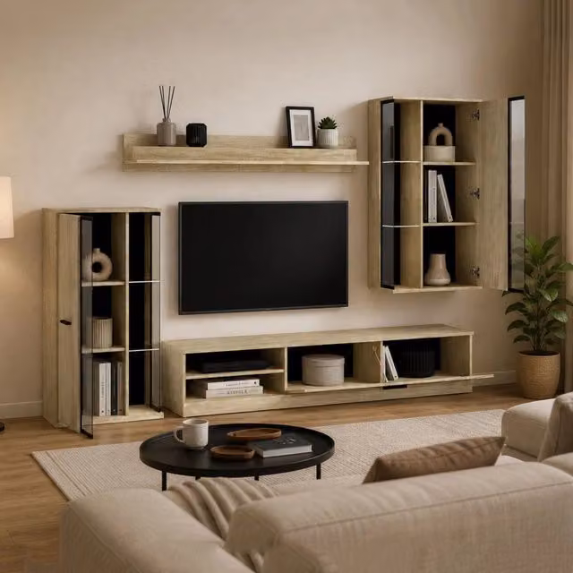 Mobile Soggiorno Limose, Parete Attrezzata Modulabile, Marrone Rovere