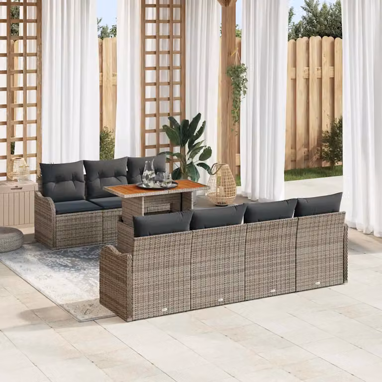 Set Divano da Giardino vidaXL 8 Pezzi in Polyrattan Grigio con Cuscini e Tavolino