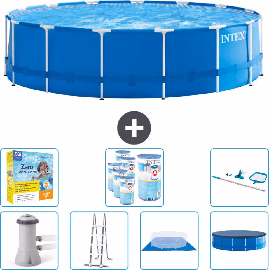 Piscina Intex con struttura rotonda - 457 x 122 cm - blu - inclusa pompa - scala - telo di fondo - pacchetto di manutenzione della copertura - filtro - kit di pulizia