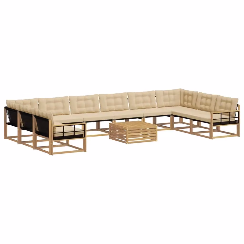 Set di divani da esterno a forma di U vidaXL in legno di acacia con tavolo da caffè, 11 pezzi, Bianco e Beige – 2