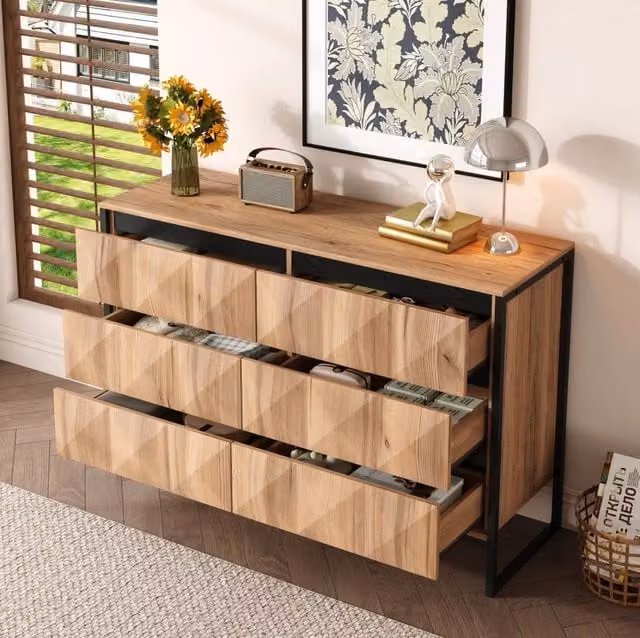 Credenza moderna in stile industriale con design geometrico, colore nero e marrone, L: 120 cm, P: 40 cm, H: 80 cm