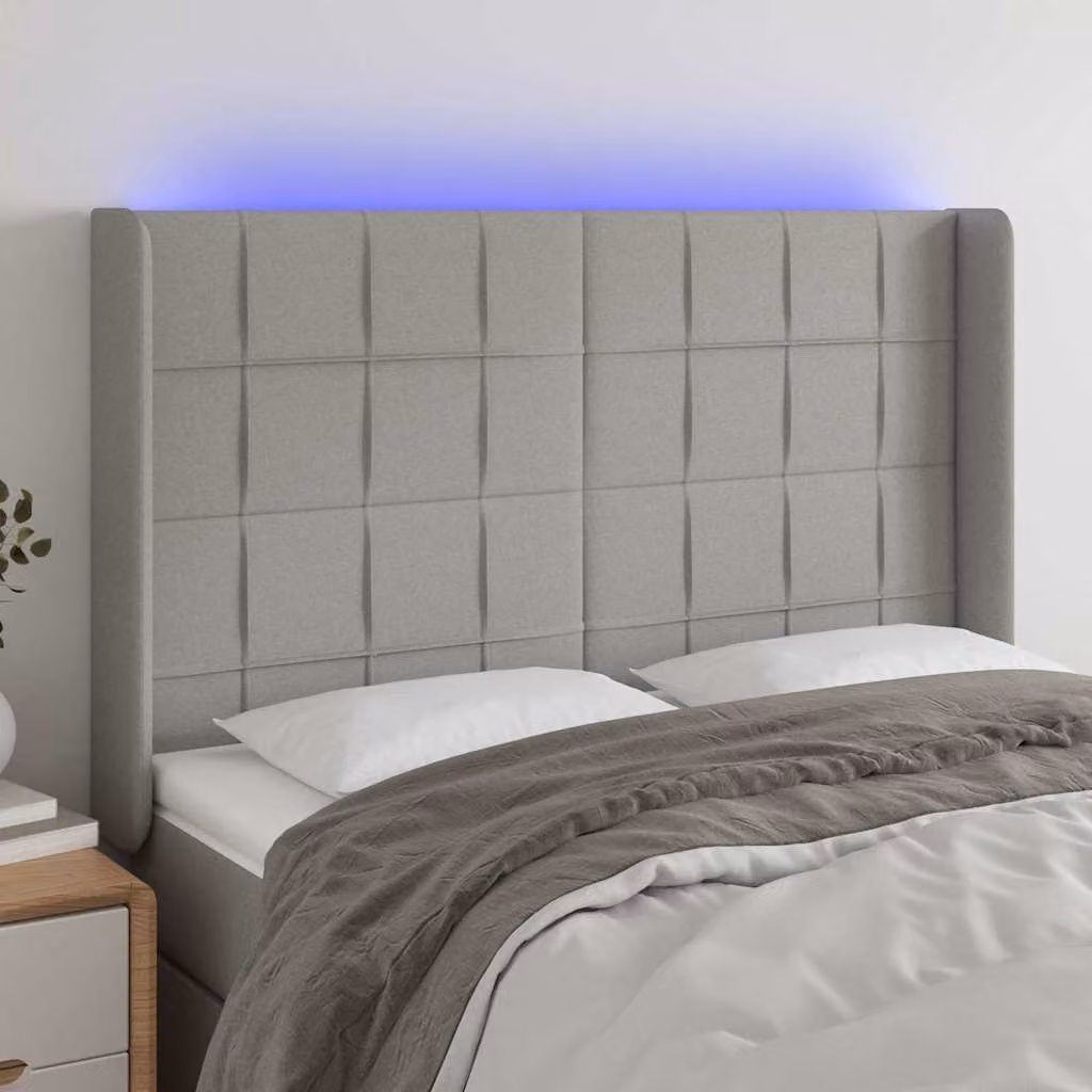 vidaXL Testiera per Letto con LED e Porte USB in Tessuto Grigio L: 147 cm, P: 16 cm, H: 118-128 cm – 1