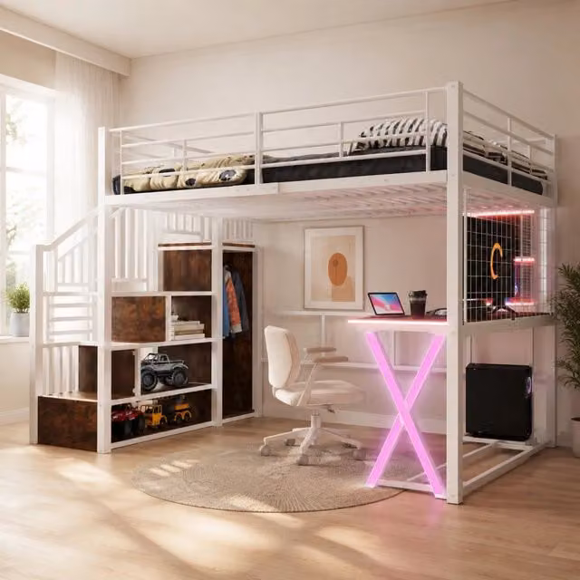 Letto a soppalco 140 × 200 cm con scrivania armadio scala contenitore ripiani LED in metallo e MDF bianco