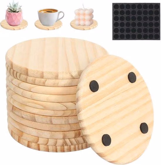 12 sottobicchieri rotondi in legno con base antiscivolo, in legno naturale bianco, portacandele, tavolino per bevande e piante