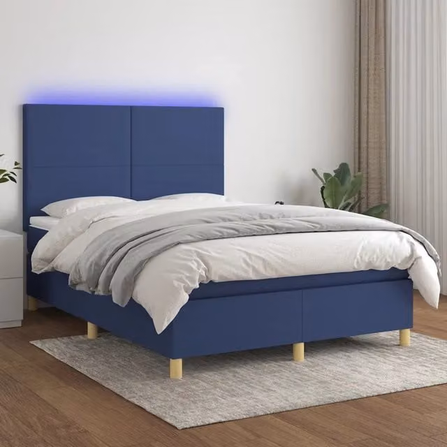 Letto a molle con materasso vidaXL in tessuto blu e bianco con illuminazione LED sottostante e porta USB, L/P: 140 x 190 cm