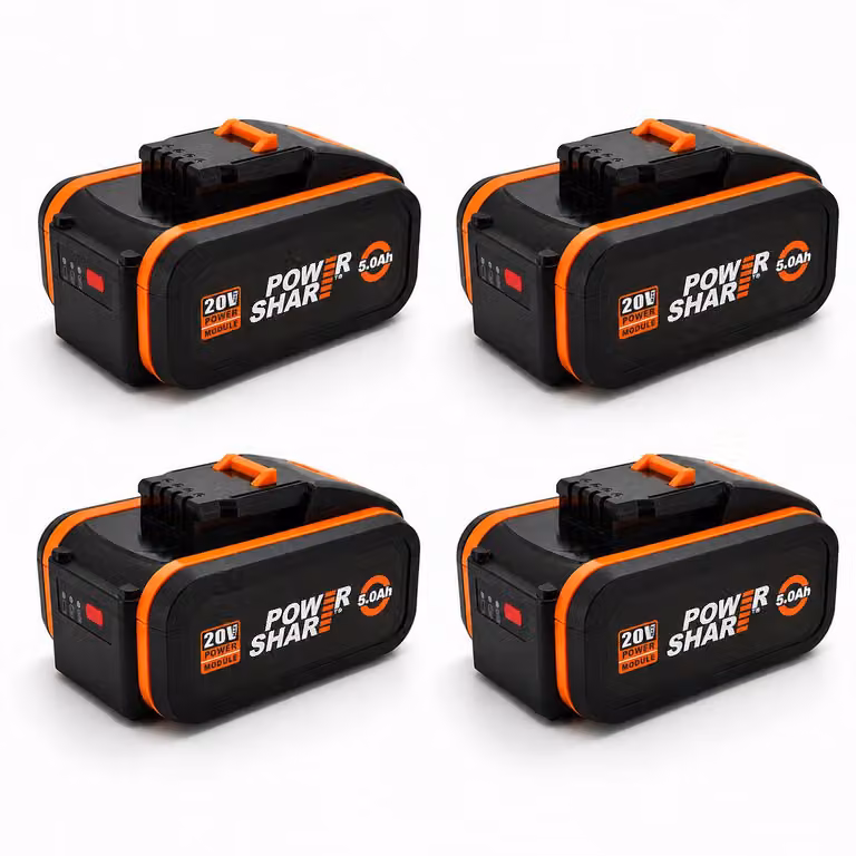 4 batterie di ricambio da 8Ah, 20V, agli ioni di litio, compatibili con il sistema PowerShare di WORX – batteria per utensili con indicatore di carica – confezione/set da 4