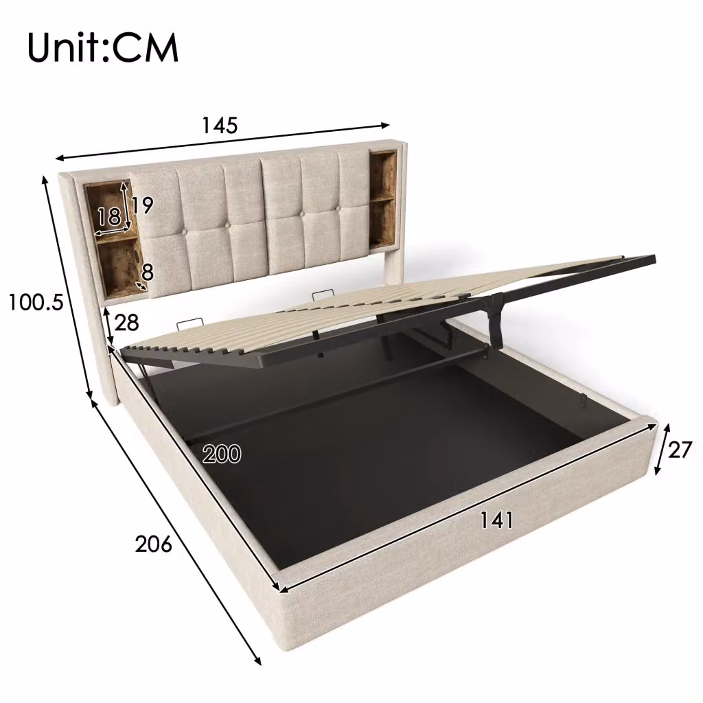 Letto imbottito moderno con contenitore, porta USB e scomparti laterali, beige, L 140 cm x P 200 cm – 2