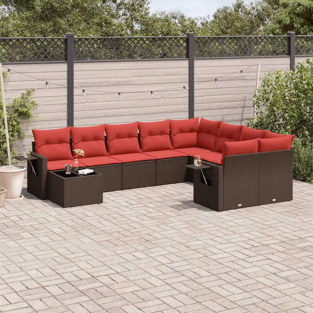 Set di divani da giardino vidaXL in polyrattan marrone con cuscini e tavolino da esterno, composizione a L per 10 persone