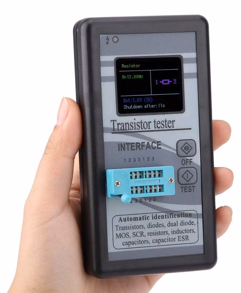 Tester per transistor M328, resistenza da 0,5 Ω a 50 MΩ, display LCD, identificazione automatica, confezione singola