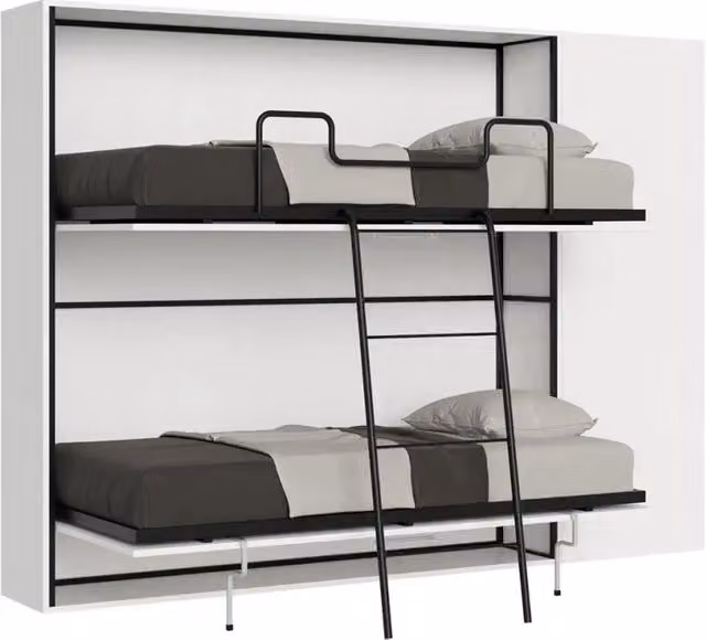 Letto a scomparsa doppio Kando Kivio con materasso, bianco frassino e grigio