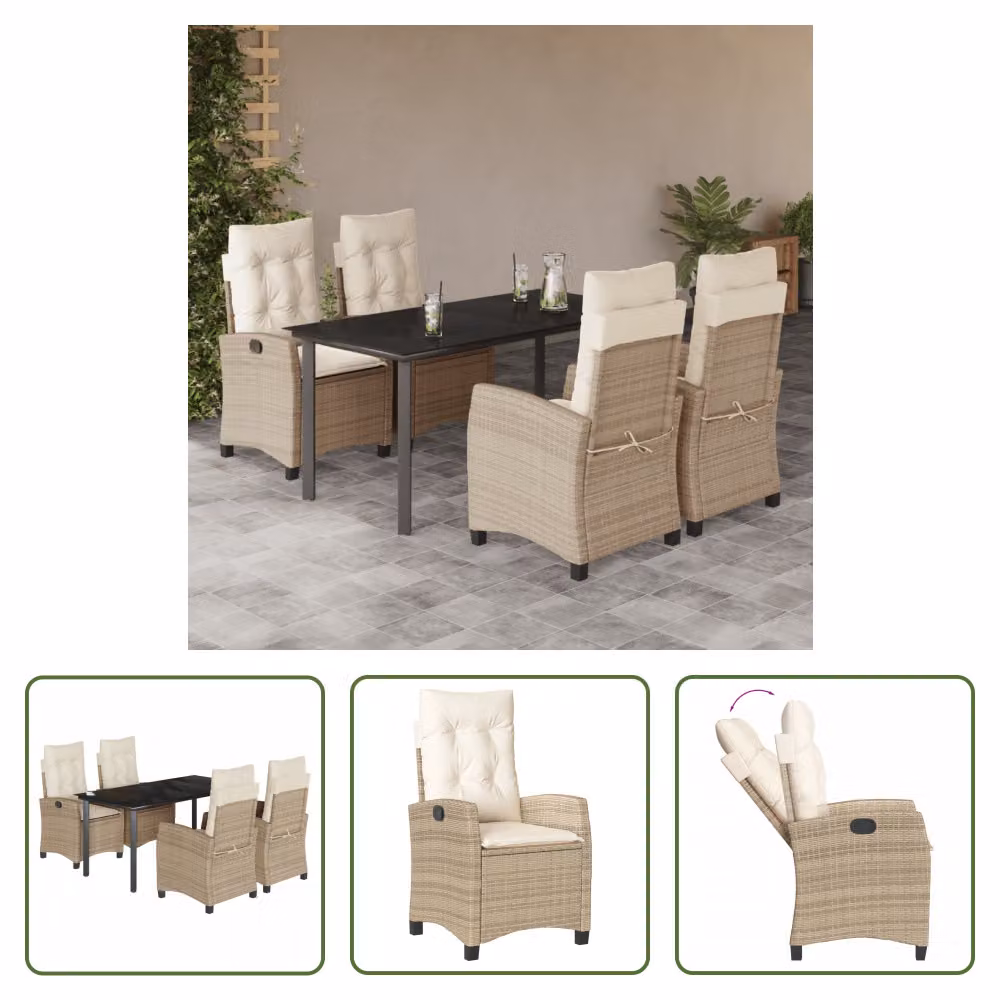 The Living Store Set da pranzo da giardino 5 pezzi con cuscini Beige poly rattan