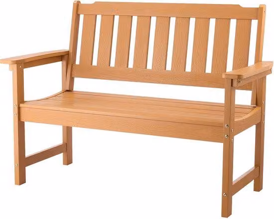 Panca da esterno, 128 cm, capacità di carico fino a 363 kg per 2-3 persone, struttura in plastica resistente con schienale e ampi braccioli, ideale per terrazzi, giardini, parchi o case unifamiliari, aspetto simile al legno naturale