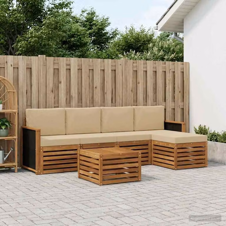 Set di divani da esterno vidaXL a forma di L in legno di acacia con tavolino e pouf, Beige e Marrone
