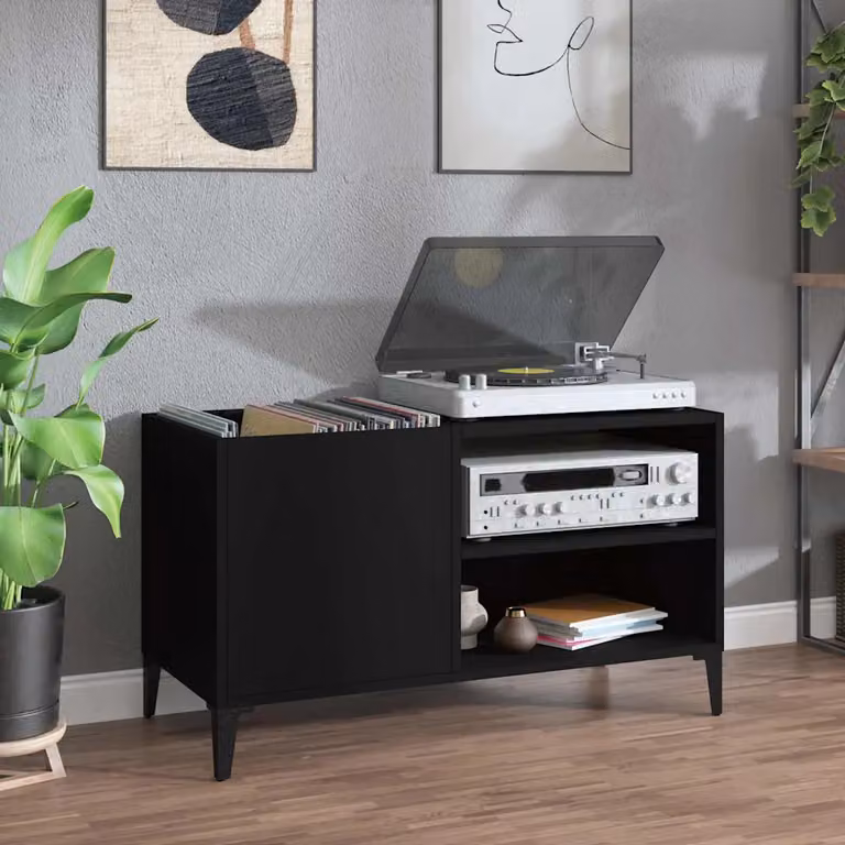 vidaXL Mobile Porta Dischi Nero in Legno e Metallo con Ruote H 84,5 x L 38 x P 48 cm