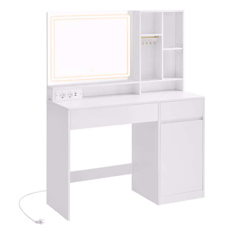 VASAGLE, tavolino da toilette con illuminazione a LED, ciabatta elettrica, tavolino da toilette mbladen, ripiani regolabili, larghezza 110 cm, portagioie