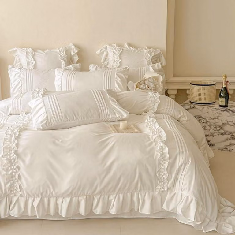 Set di lenzuola con volant, 200x220 cm, bianco, 3 pezzi, in microfibra,  ÖKO-TEX
