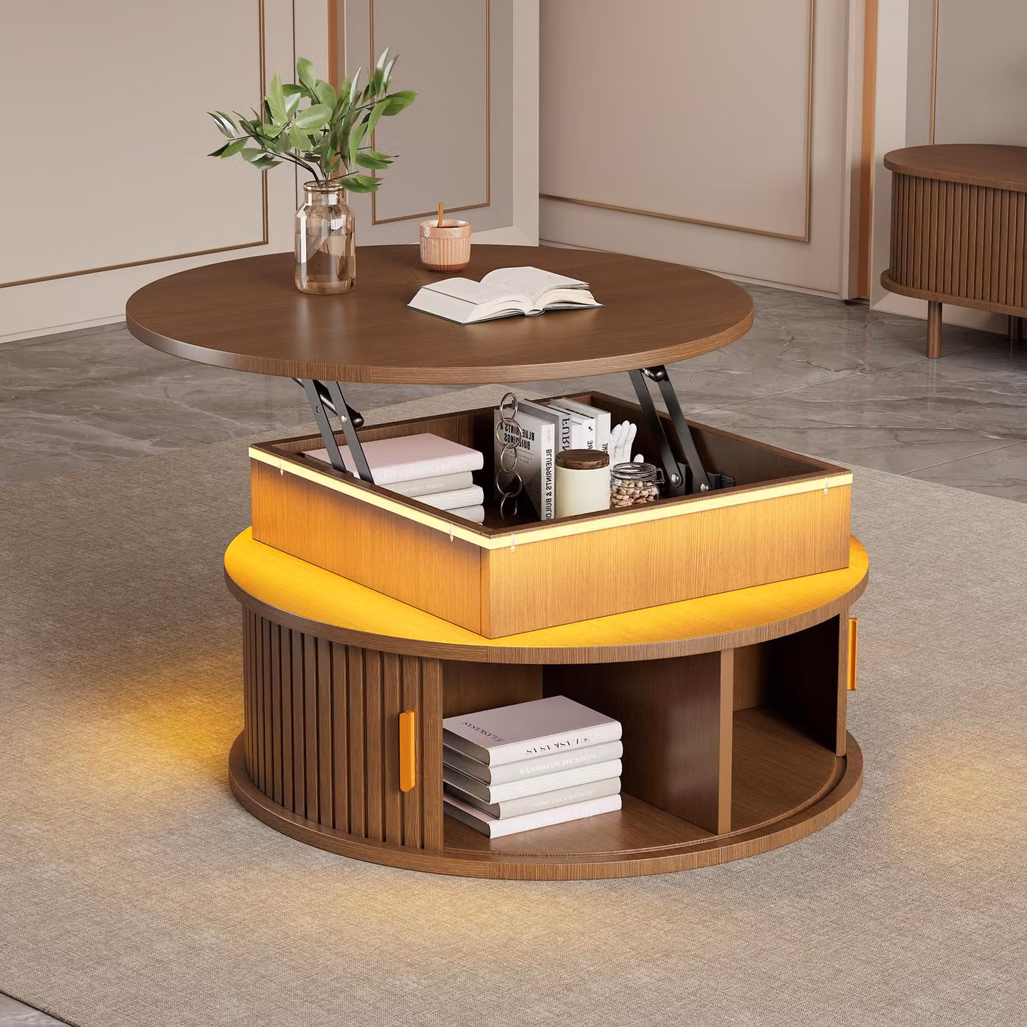 okwish Tavolino rotondo, tavolino da divano con illuminazione a LED, tavolino con vano portaoggetti nascosto, tavolino con due ante scorrevoli, noce