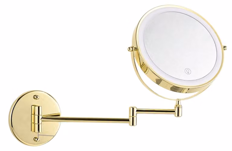Specchio da trucco a LED ZELURXX da 8 pollici, da parete, a doppia faccia, ingrandimento 3X, ruotabile a 360°, 3 tonalità di luce, dorato