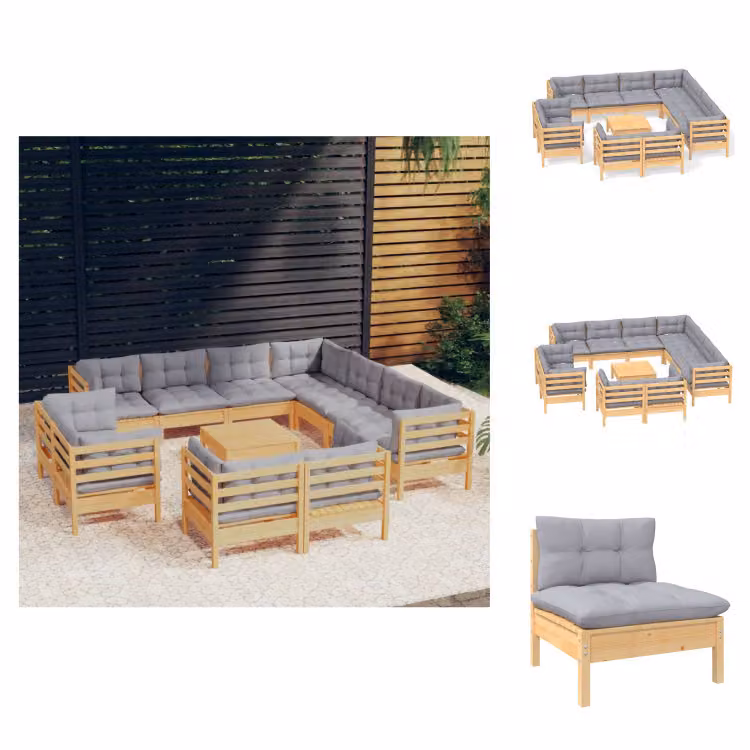 vidaXL Set di 12 pezzi da giardino con cuscini grigi in pino massiccio - Set di mobili da giardino