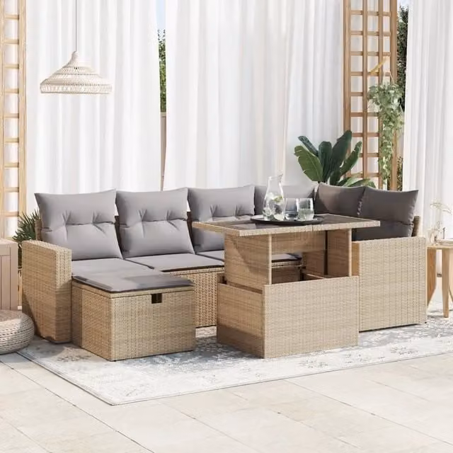 Set da giardino moderno vidaXL in polyrattan composto da 7 pezzi con cuscini beige e tavolino da esterno