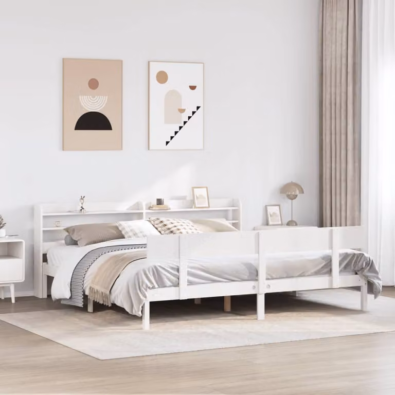 Letto in legno massello di pino bianco con ripiani laterali stile rustico L/P/H: 200 x 180 x 90 cm