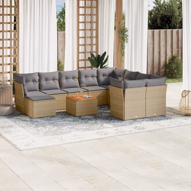 vidaXL Set Divani da Giardino 11 pz in Polyrattan con Cuscini Beige e Tavolino da Esterno
