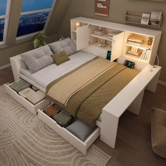 Letto contenitore WISHDOR bianco con cassetti, porte USB/Type-C e luce da lettura, L/P: 140 x 200 cm