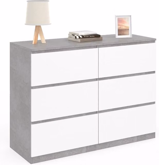 IDMarket - Arcón TOMI 110 cm 6 cajones, blanco y efecto hormigón